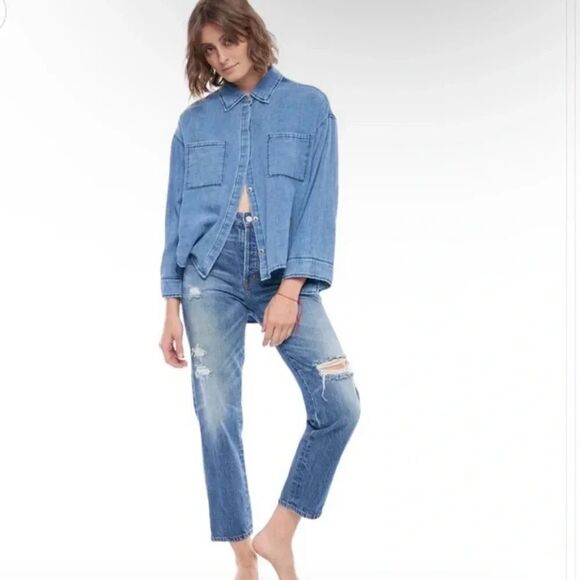 NWT FREE PEOPLE X SANDRINE ROSE Distressed INDIGO straight leg Jean SZ 28 - Picture 1 of 12